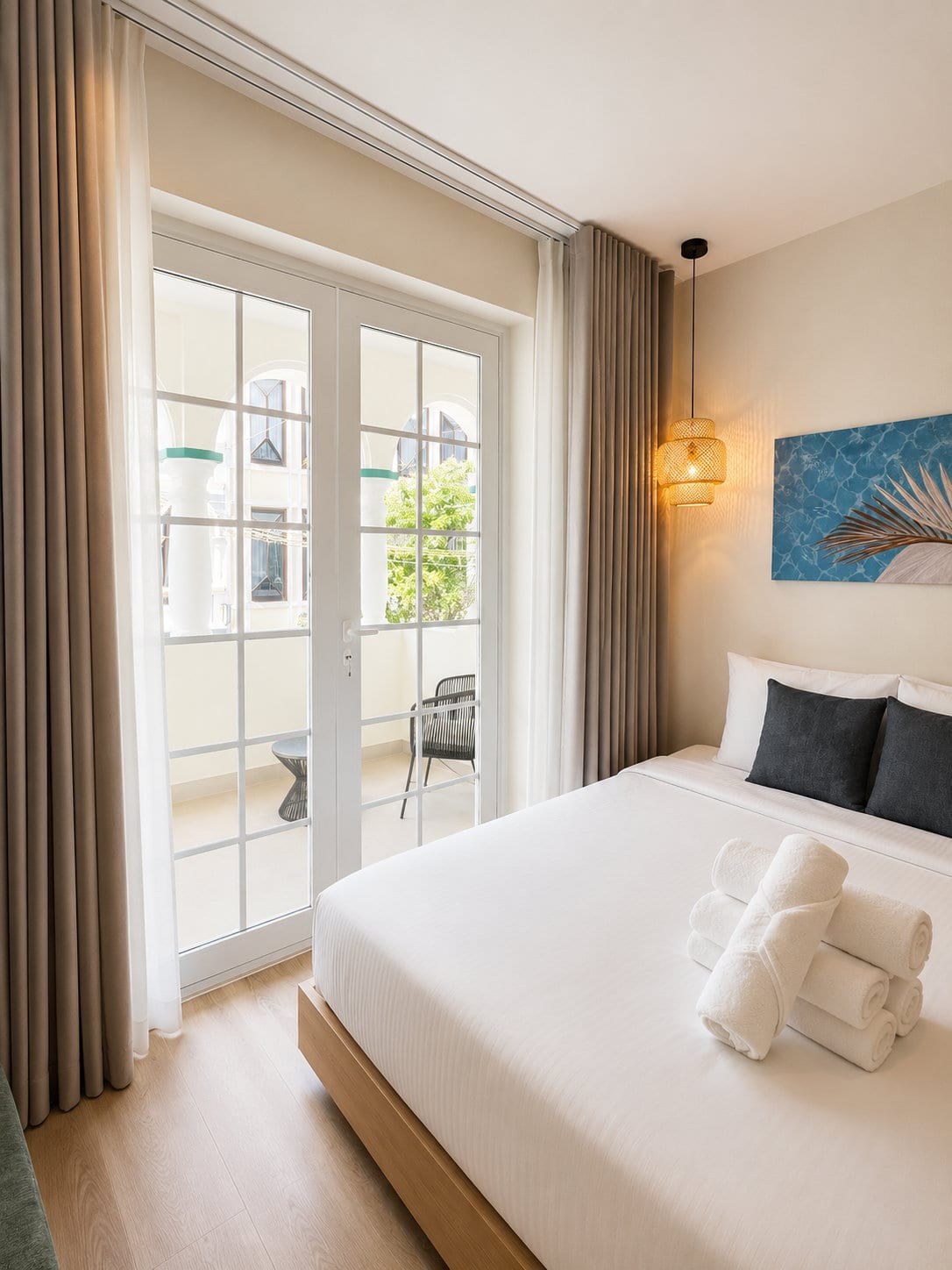 The bed with rolled towels, the balcony doors open onto a chair and a side table, long drapes either side