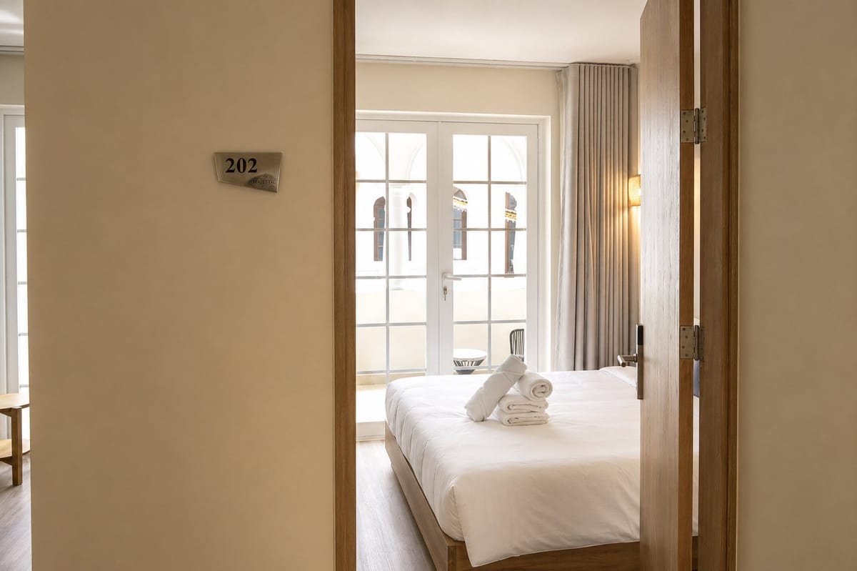 The open door of room 202 with its brass plate, looking through to the bed and the French doors onto the balcony