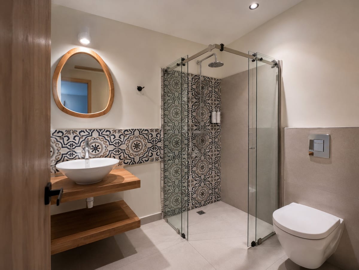 The bathroom of a balcony room at Majestic City Palace, a vessel basin on oak beneath a round mirror, with majolica tile behind the walk in glass shower