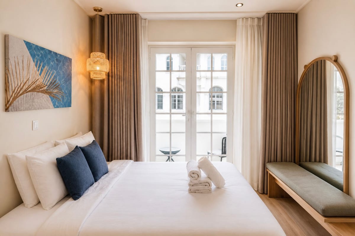 The king bed with navy cushions, a long window bench, an arched mirror and the balcony doors between the drapes