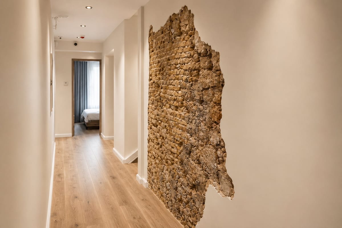 A corridor at Majestic City Palace with a panel of original 1892 coral stone left exposed in the lime washed wall and oak flooring underfoot