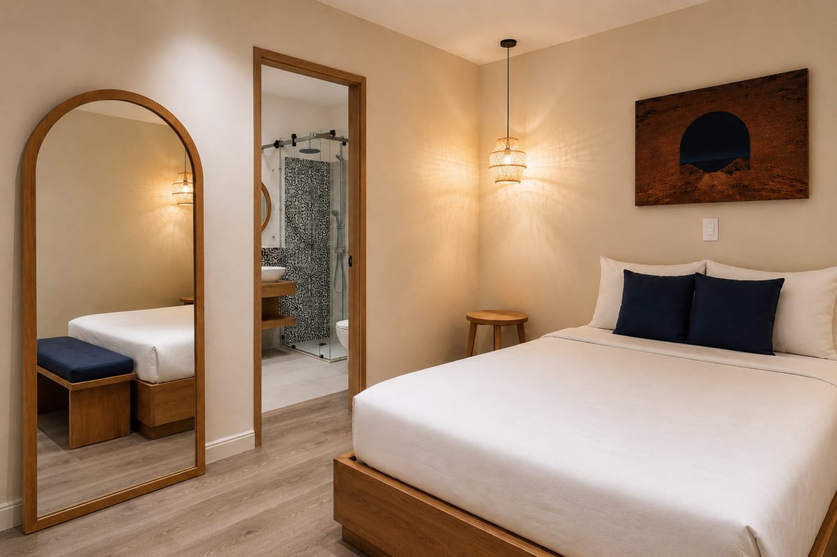 A Signature King Room at Majestic City Palace with a tall arched mirror beside the bed reflecting the tiled bathroom through the open door