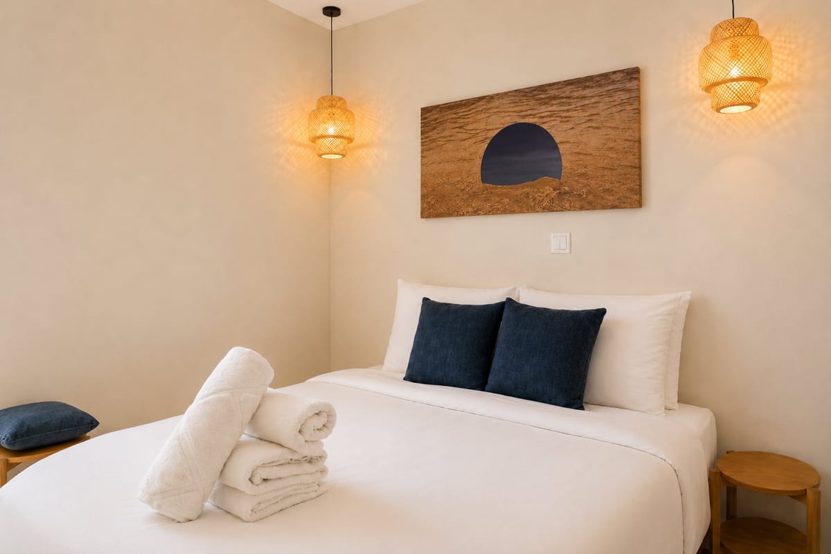 The head of the king bed with navy cushions, a framed canvas above and a woven rattan pendant glowing on either side