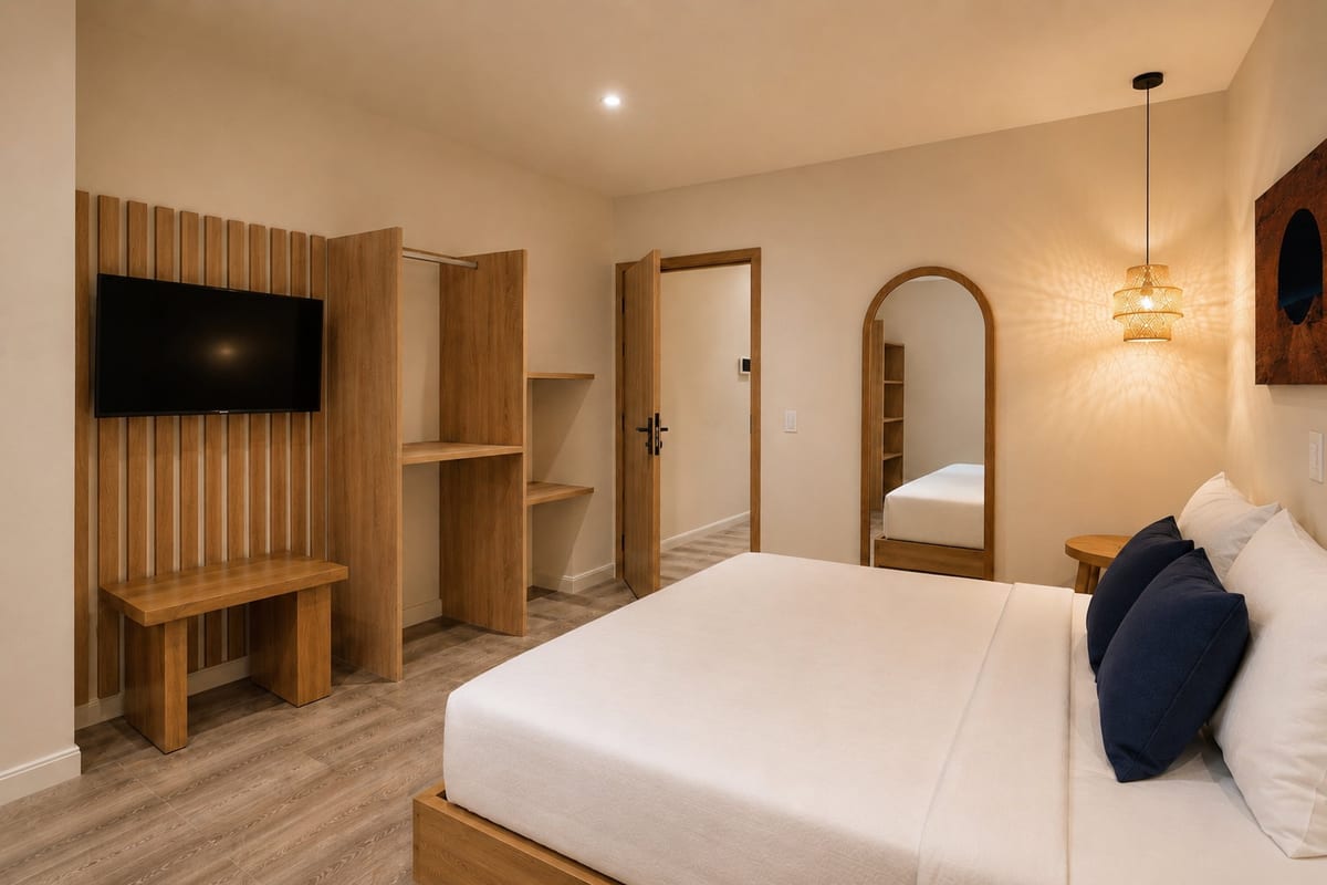 The oak slatted television wall, open wardrobe and bench, with a full height arched mirror across the room
