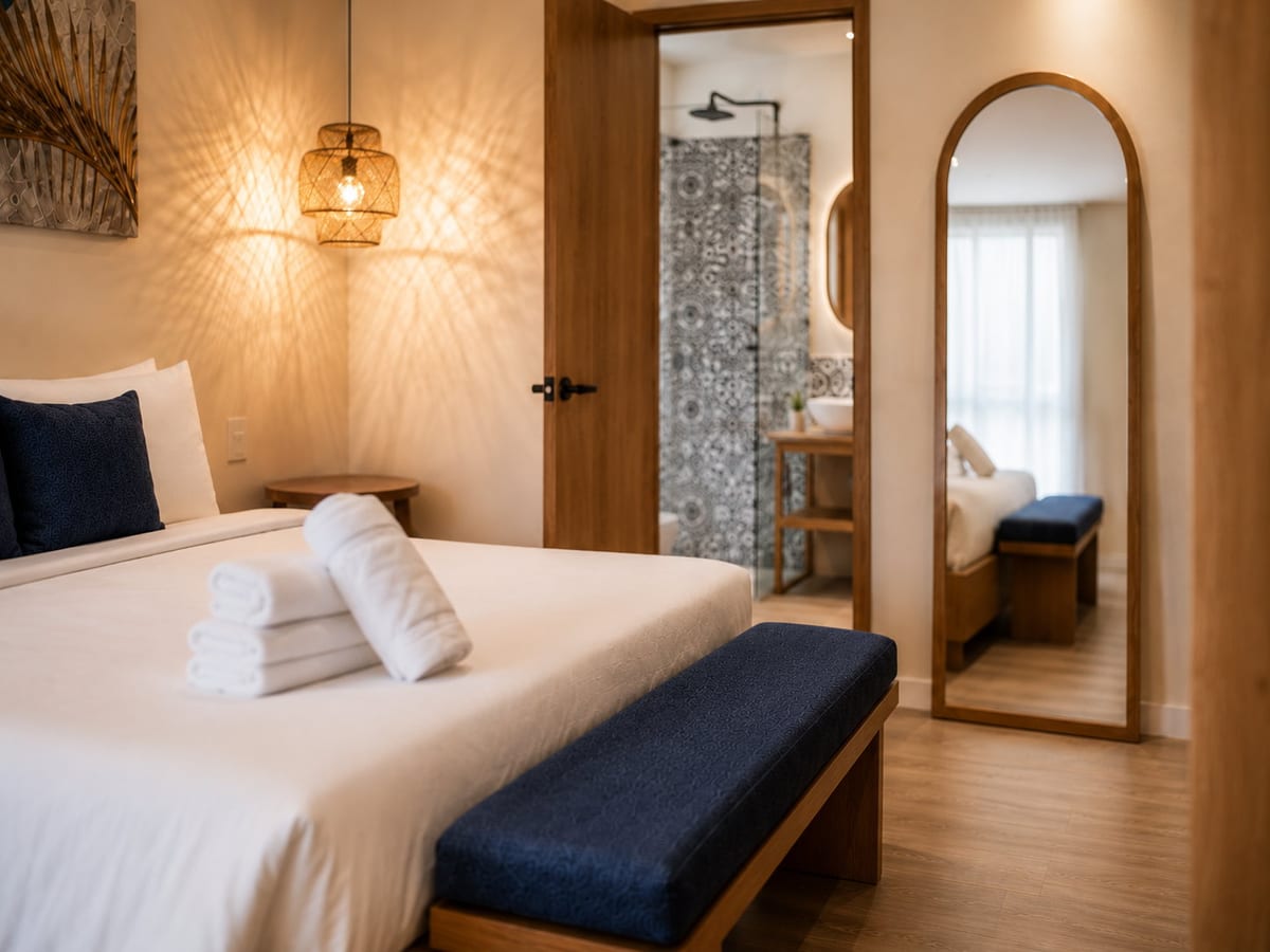 A Signature King Room at Majestic City Palace in the evening, a lit rattan pendant over the bed and an arched mirror reflecting the tiled bathroom