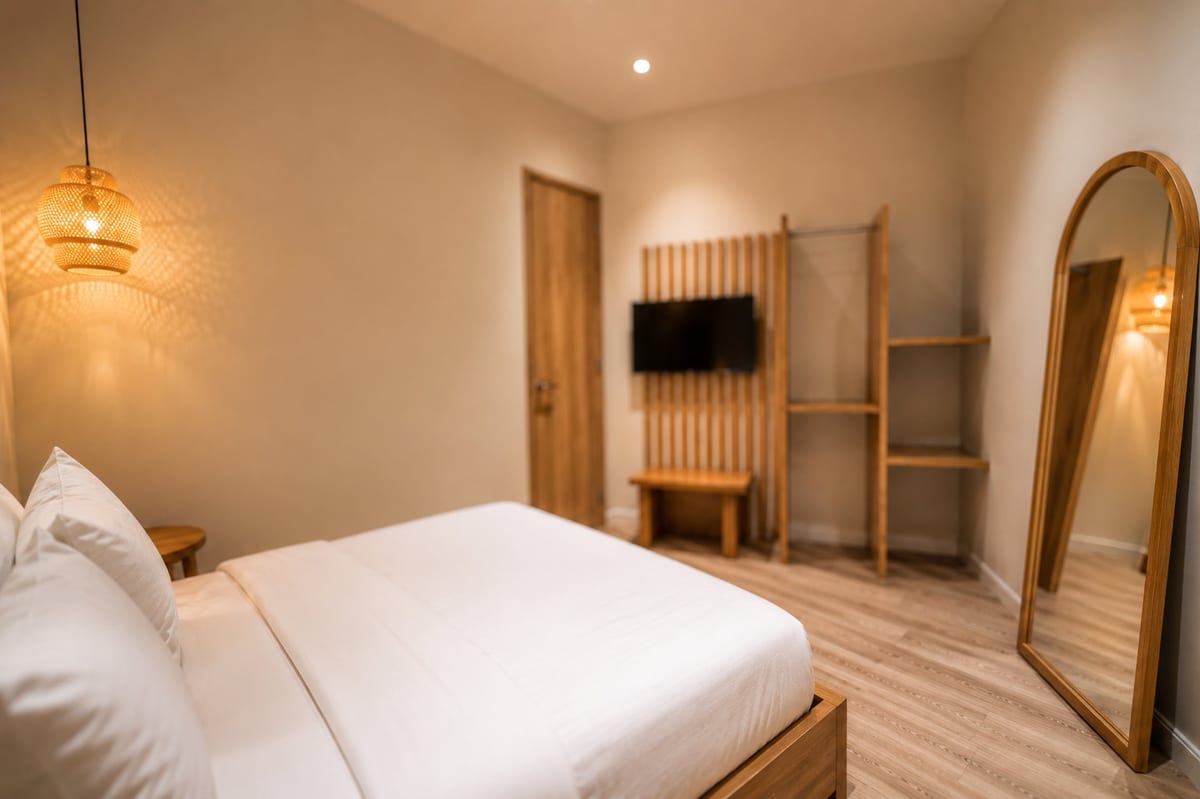 The bed seen from the pillows, with a rattan pendant, the slatted television wall and an arched mirror