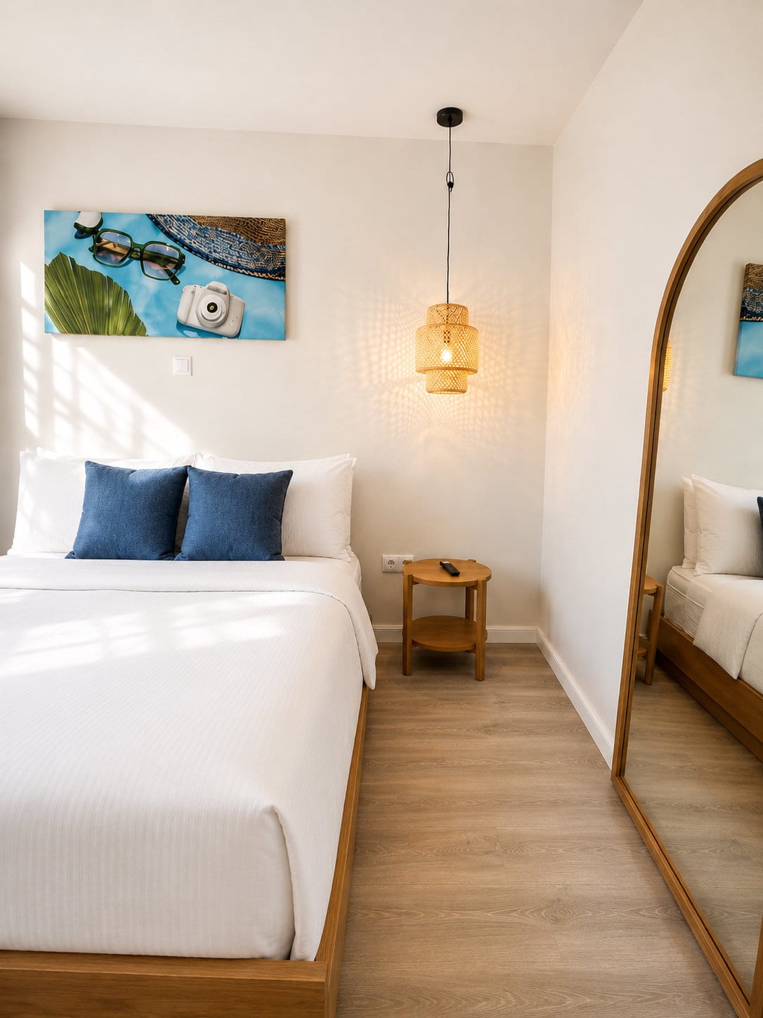 Morning sun striping the wall above the bed, with a painted canvas and a full height arched mirror beside it
