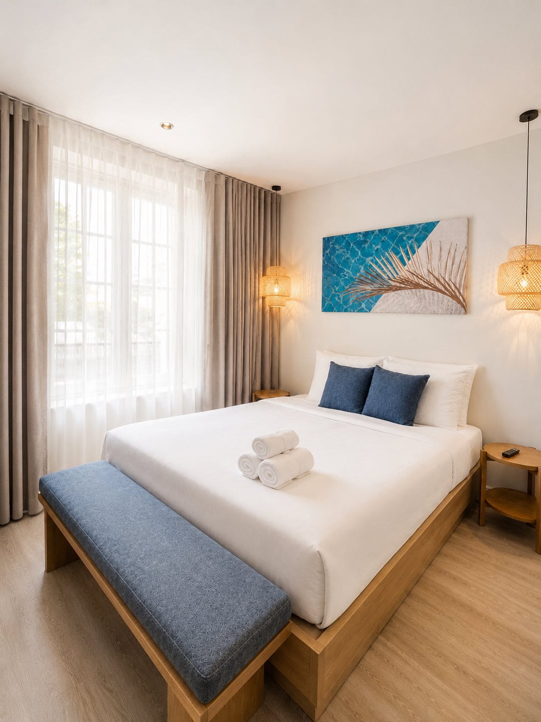 The king bed with navy cushions beside a tall window filled with sheer curtain light, a rattan pendant on either side