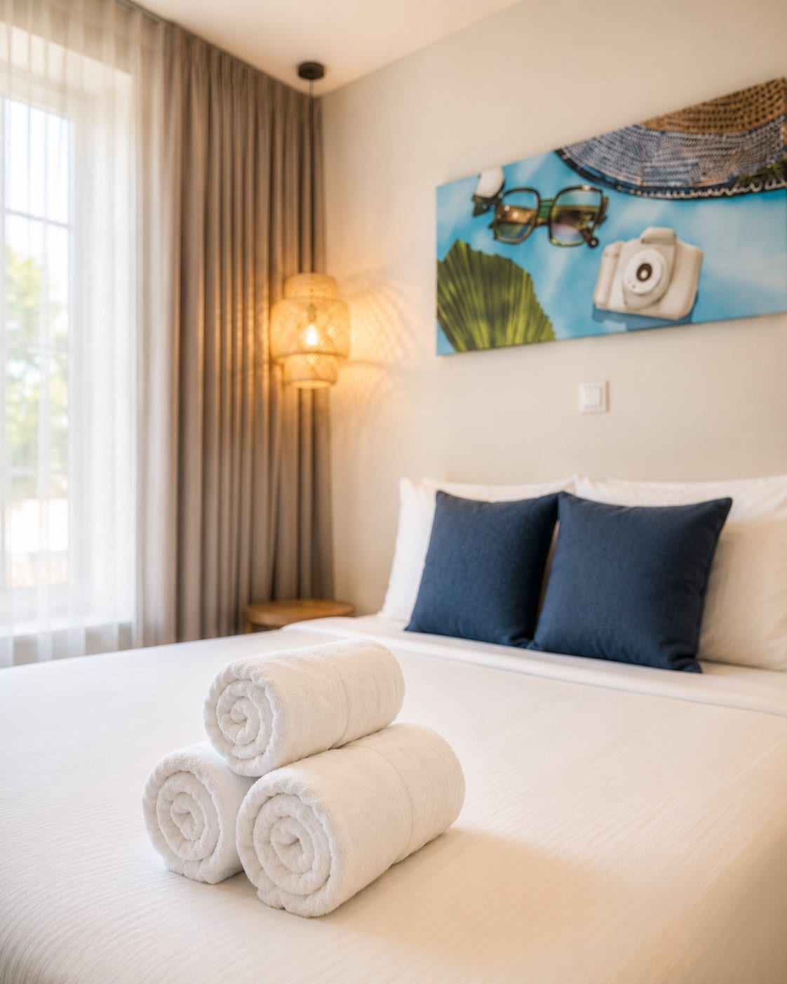 Rolled towels on the made bed, a painted canvas above the pillows and long drapes at the window