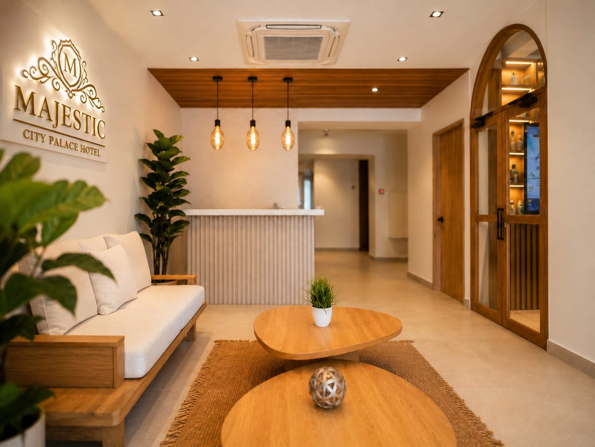 Reception at Majestic City Palace, a fluted desk under filament pendant lamps with a cream sofa, oak tables and an arched doorway leading to the stairs