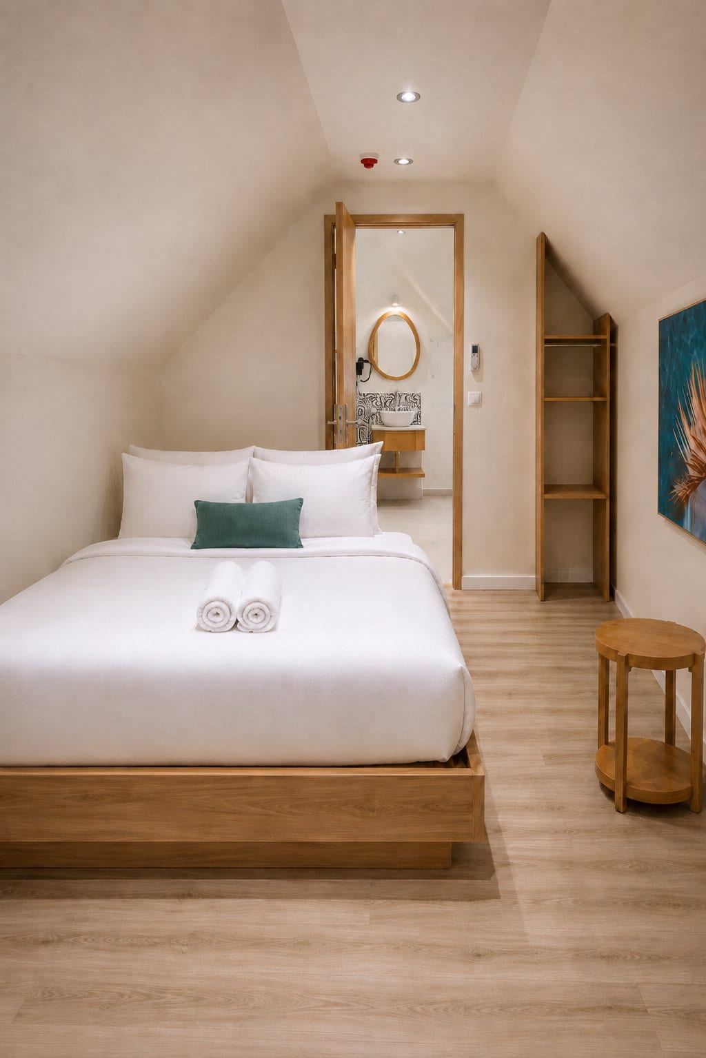 White linen on an oak bed beneath the sloping loft ceiling, with the bathroom door open and an arched mirror beyond