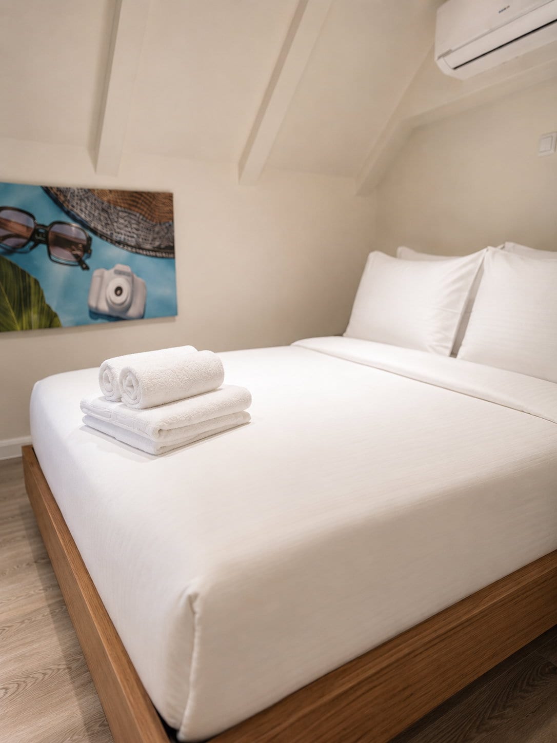 Folded towels on the made bed, a painted canvas on the wall and the white painted roof beams overhead