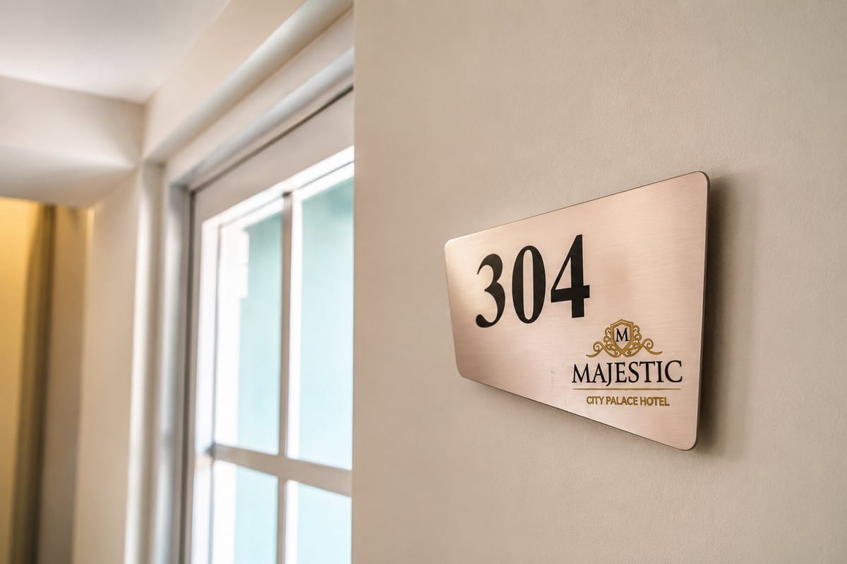 The room plate for room 304 at Majestic City Palace, the number above the hotel wordmark, beside a curtained window on the loft landing