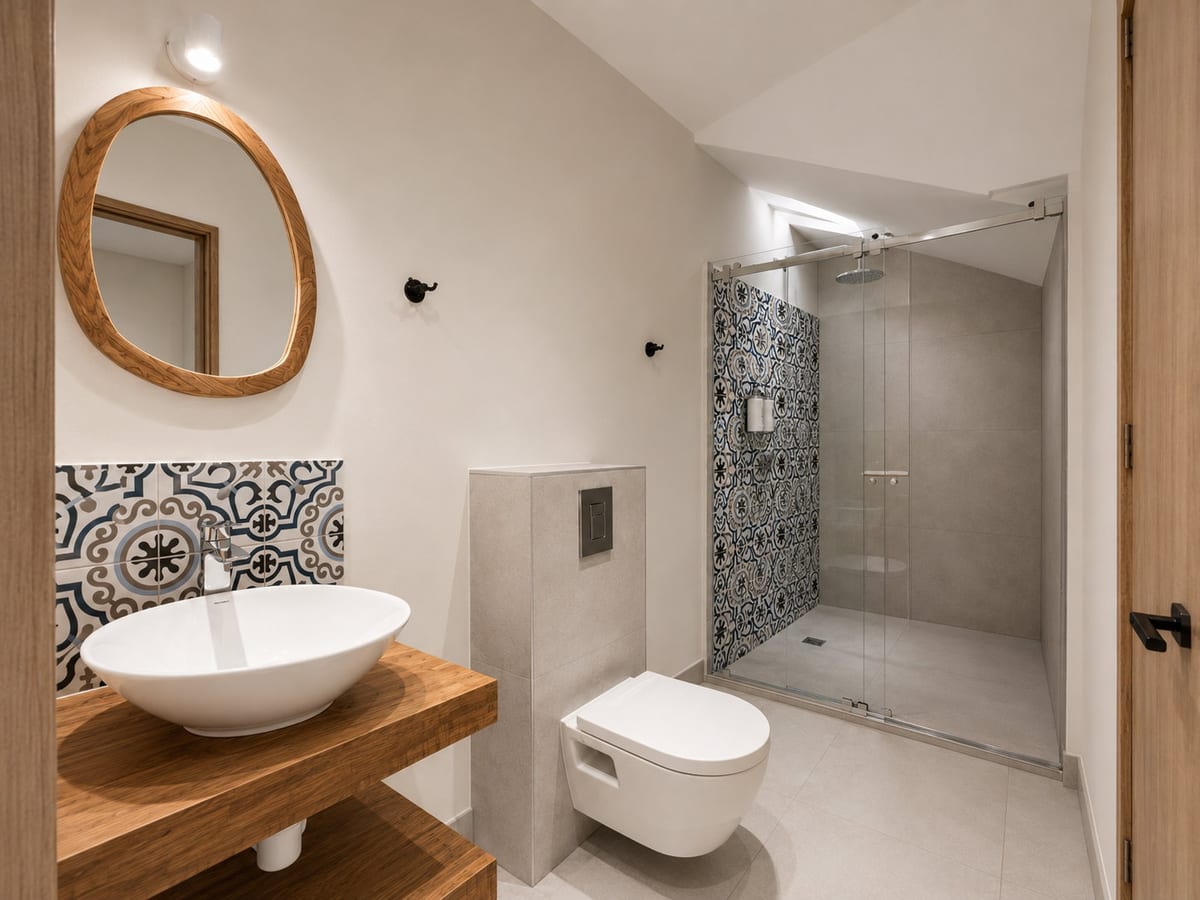 A loft bathroom with an arched mirror over a vessel basin on an oak shelf, a wall hung lavatory and a walk in rain shower lined with patterned tile