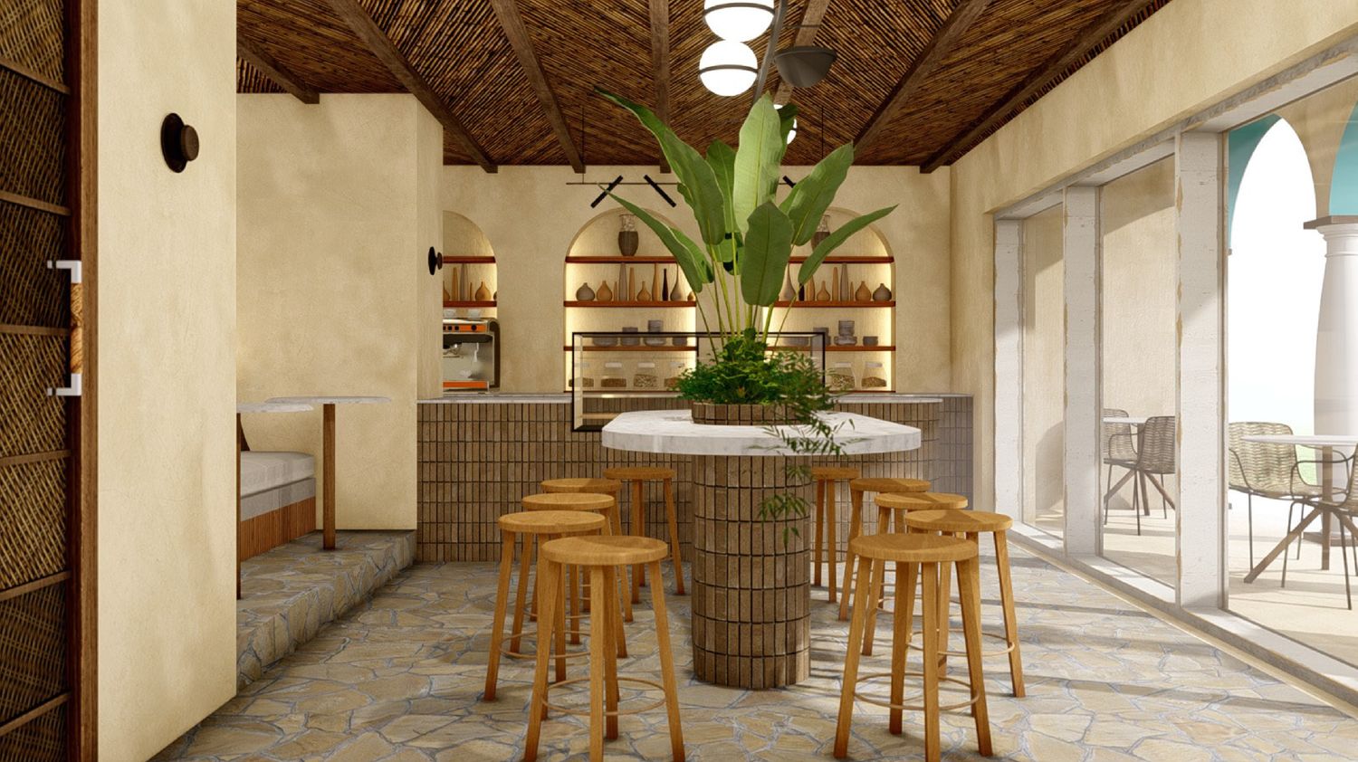 Van Gogh café interior — round communal marble table, oak stools, woven ceiling, shelving of pastries and an open arched colonnade to the terrace