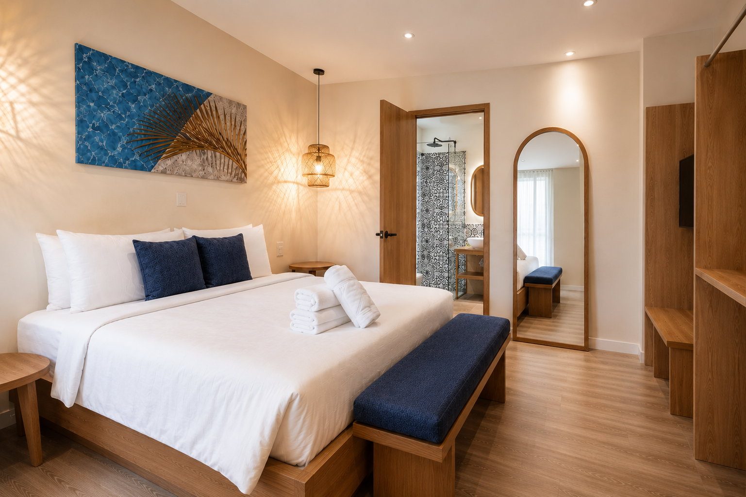 A Signature King Room at Majestic City Palace with a king bed in white linen, oak floors, a bench and an arched mirror