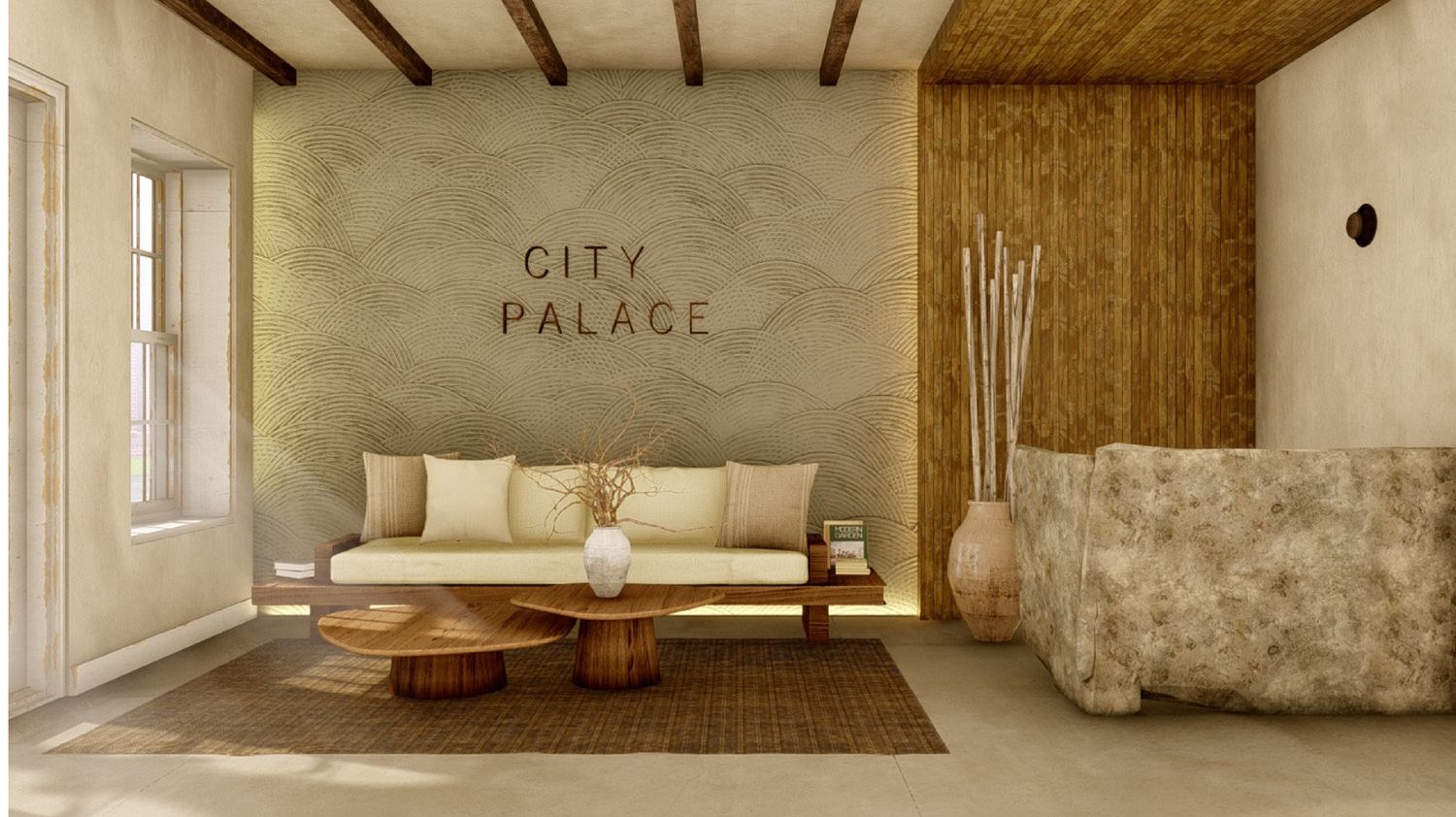 City Palace lounge — scalloped plaster CITY PALACE wall, cream bench seating, sculptural stone forms and bamboo screen wall under wood beams