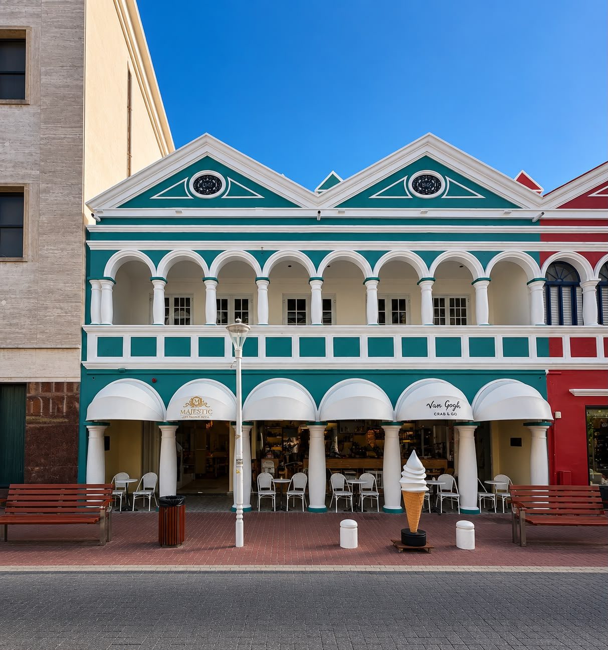 The colourful restored 1892 facade of the Majestic City Palace Hotel on Breedestraat in Punda, Willemstad, Curaçao