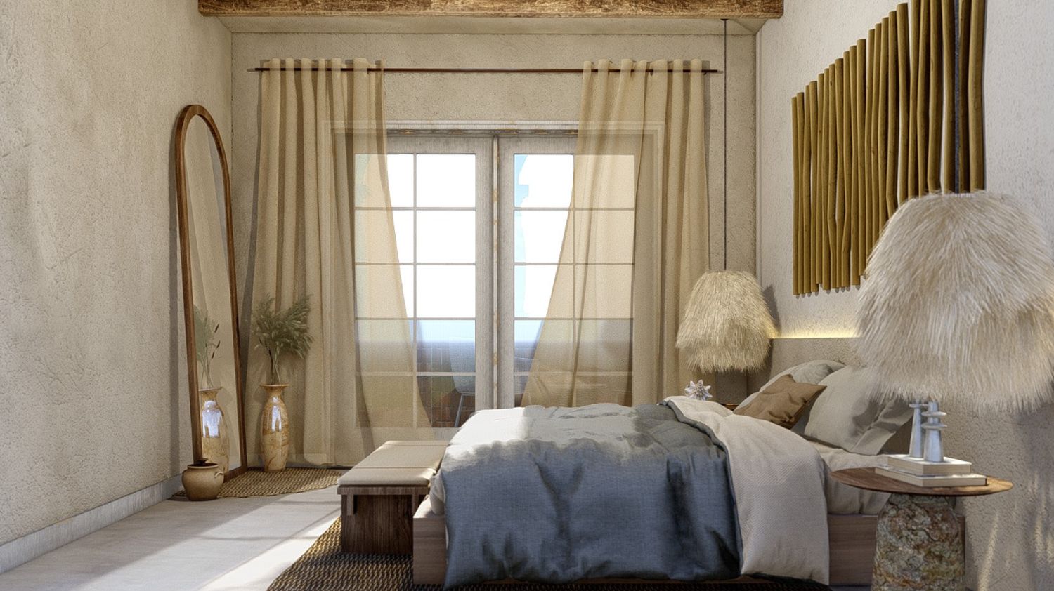 City Palace city-view room — tall sash windows behind sheer linen drapes, wood-slat feature door, layered oatmeal and slate-blue linen
