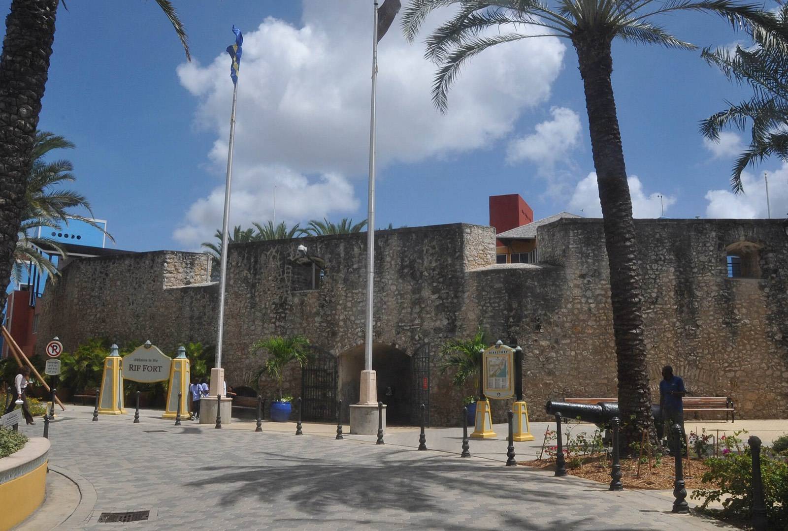Stone ramparts and archways of Rif Fort at the harbor entrance in Willemstad